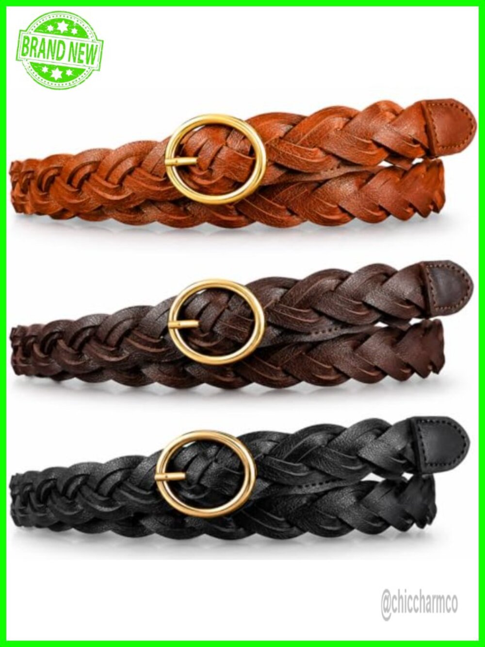 Braided PU Leather O Ring Belt 3 Pack Adjustable Women Waist